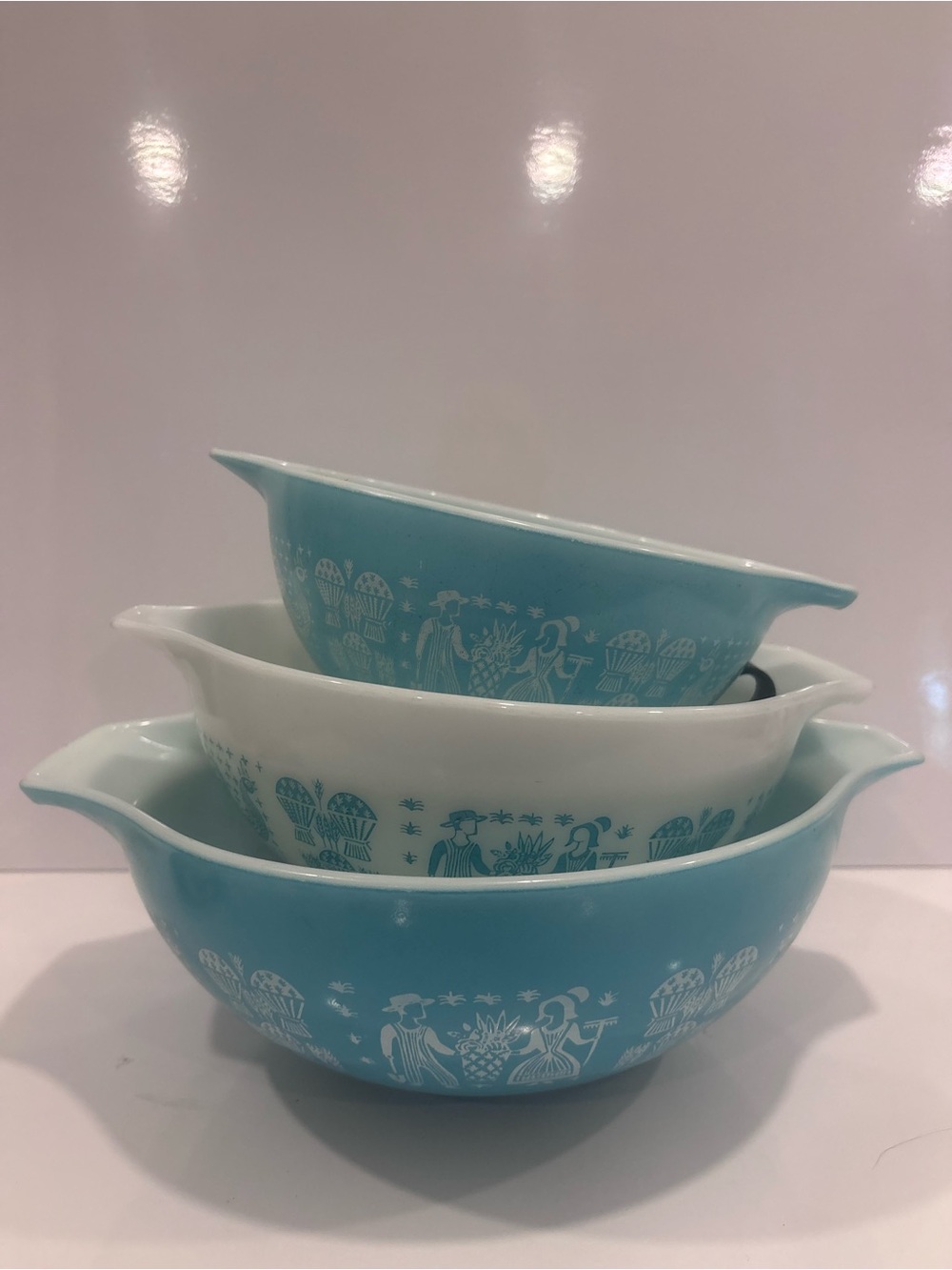 Vintage Pyrex butterprint Cinderella mixing bowls 444 443 442 turquoise Amish 3